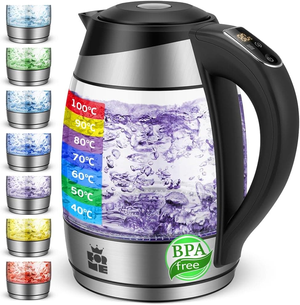Czajnik Elektryczny 1,8 L, Regulacja Temperatury, Wybór Temperatury od 40°C do 100°C, 7-Kolorowe Oświetlenie LED, Funkcja Podtrzymywania Ciepła, Bez BPA