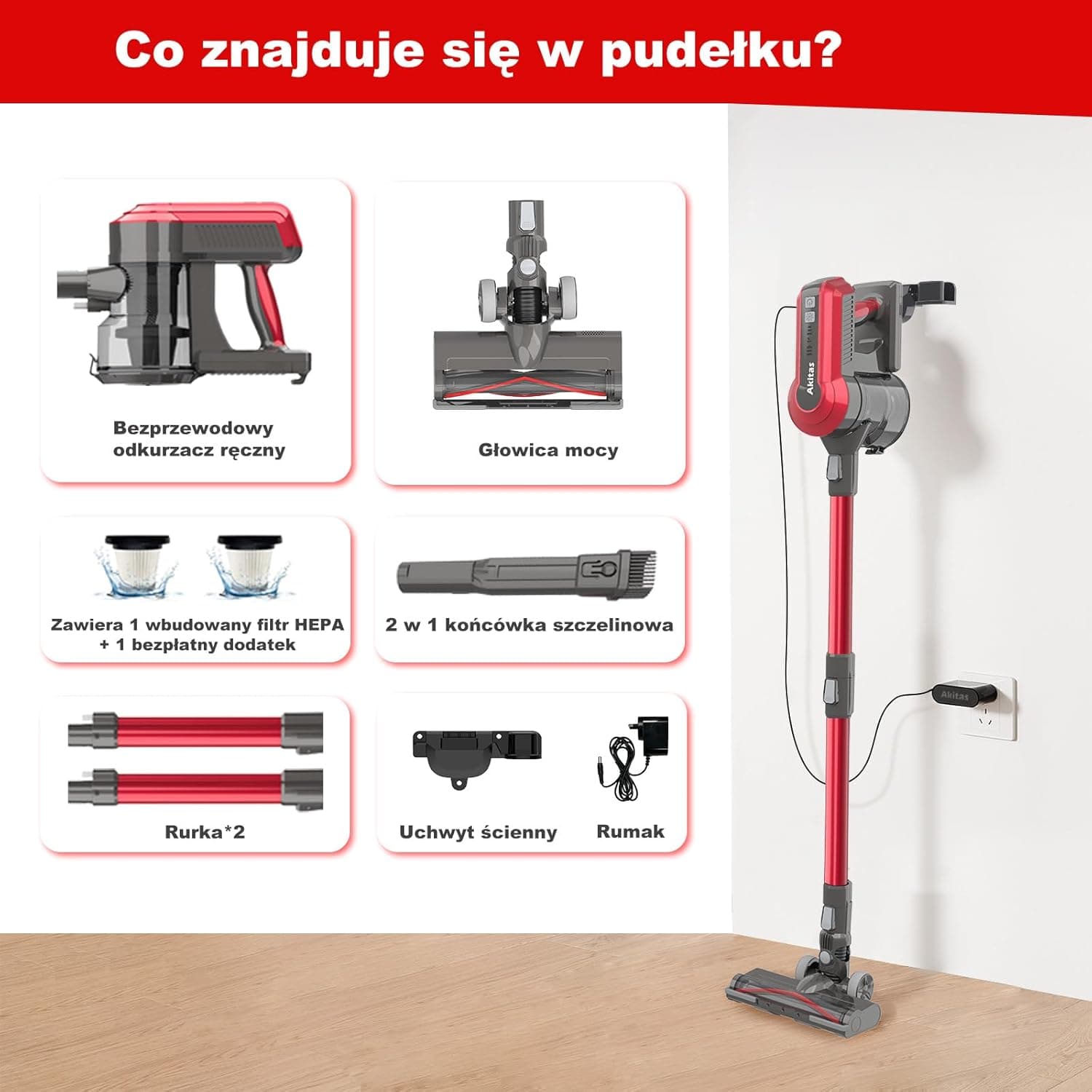 Odkurzacz pionowy mocny 450W, lekki do twardych podłóg, paneli i sierści zwierząt