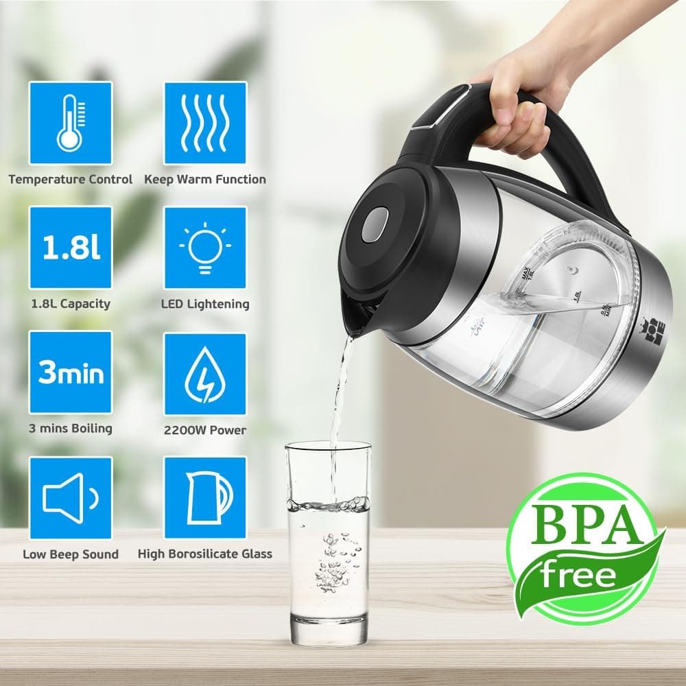 Czajnik Elektryczny 1,8 L, Regulacja Temperatury, Wybór Temperatury od 40°C do 100°C, 7-Kolorowe Oświetlenie LED, Funkcja Podtrzymywania Ciepła, Bez BPA