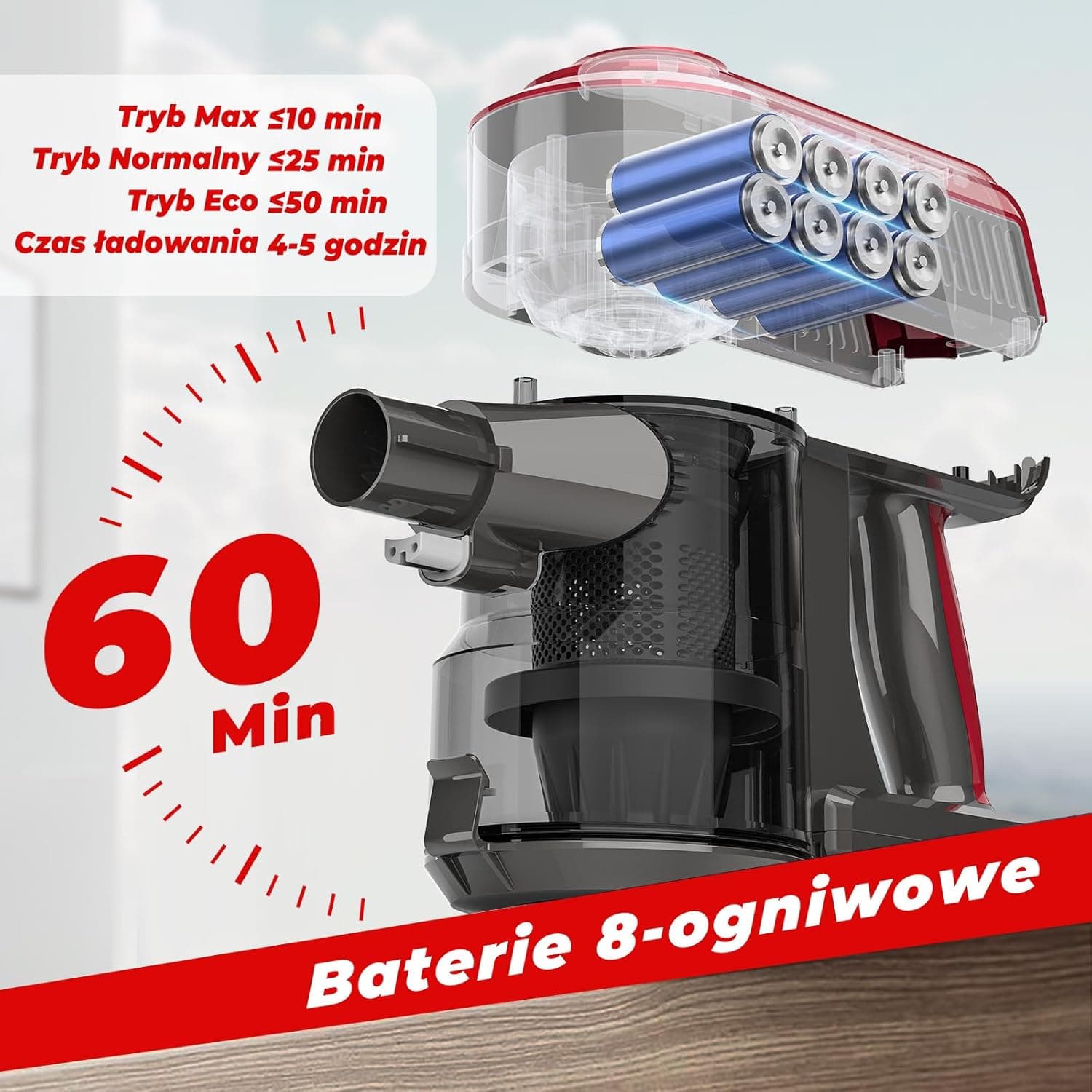 Odkurzacz pionowy mocny 450W, lekki do twardych podłóg, paneli i sierści zwierząt