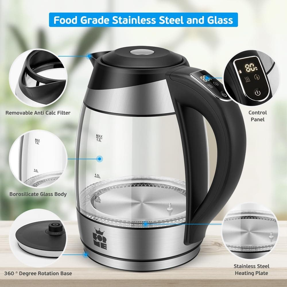 Czajnik Elektryczny 1,8 L, Regulacja Temperatury, Wybór Temperatury od 40°C do 100°C, 7-Kolorowe Oświetlenie LED, Funkcja Podtrzymywania Ciepła, Bez BPA